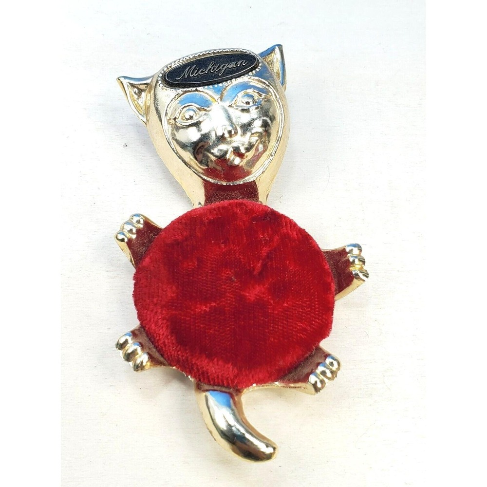 Vintage Michigan Souvenir Cat Pin Cushion Gold Tone and Red